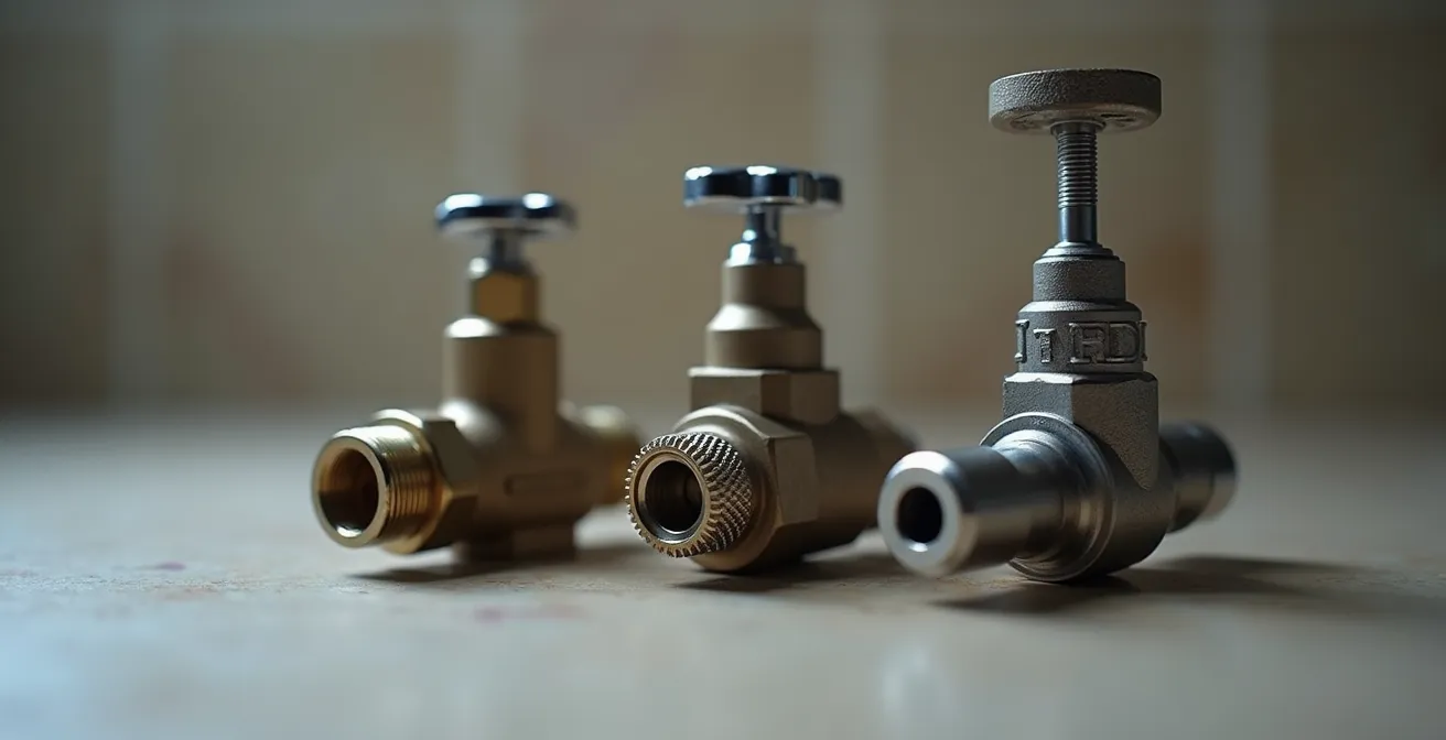 Photo rapprochée de trois accessoires de plomberie modernes : évent automatique, interrupteur à air pour broyeur, et vanne d'arrêt 1/4 de tour à bille