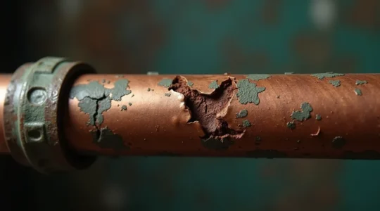 Illustration détaillée d'un tuyau fissuré avec des zones de corrosion, calcaire, et signe d'alerte visibles