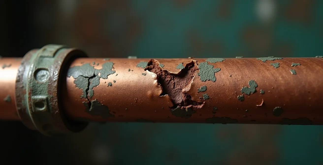 Illustration détaillée d'un tuyau fissuré avec des zones de corrosion, calcaire, et signe d'alerte visibles