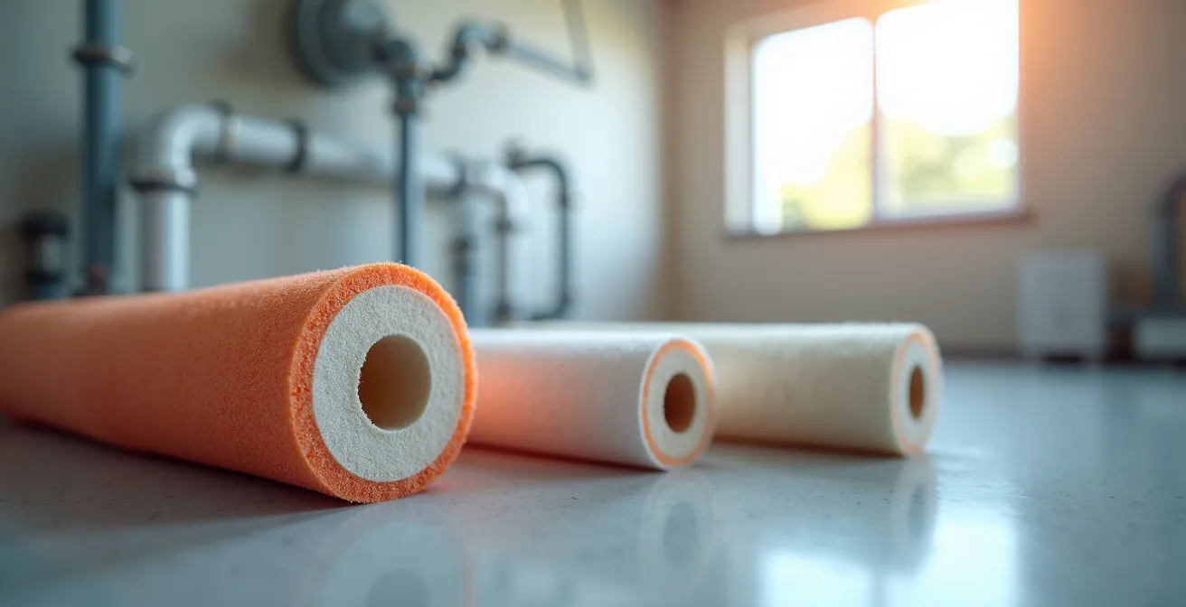 Photo réaliste montrant différents types de protections de tuyaux : manchon de mousse, câble chauffant autorégulant et laine minérale dans un décor de plomberie domestique.