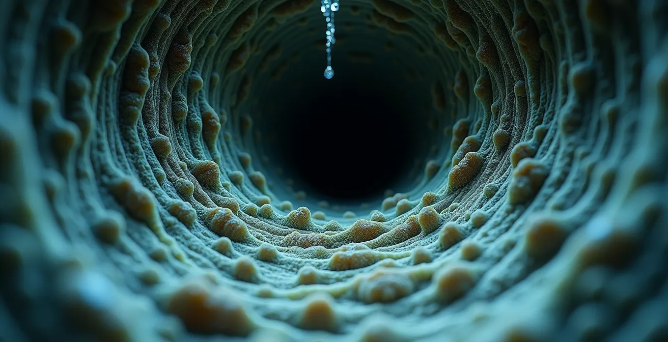 Vue macro d’un biofilm bactérien dense et gluante à l’intérieur d’une canalisation domestique