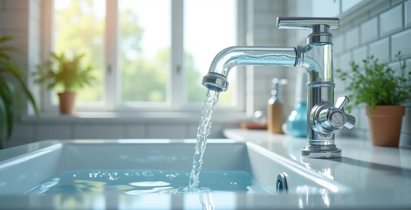 Vue symbolique d'une canalisation propre avec un flux d'eau clair, entourée d'éléments liés à la plomberie domestique au Québec