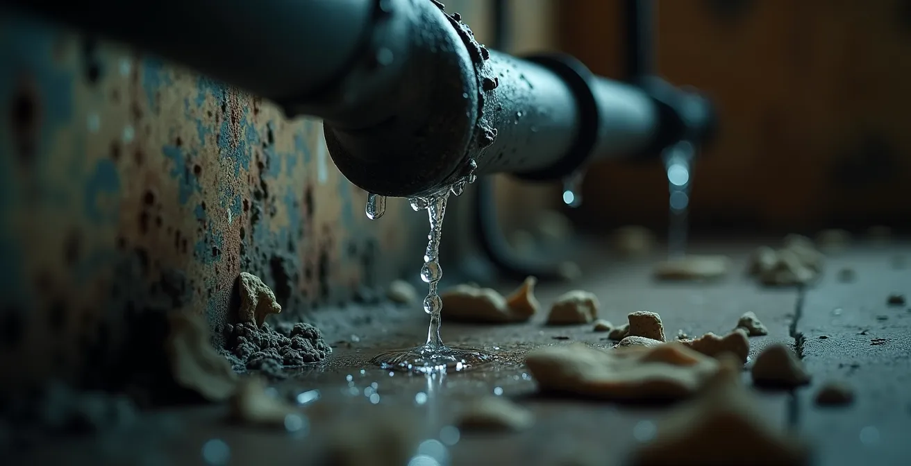 Illustration détaillée montrant un tuyau d'eau froide avec condensation visible, moisissures et structure bois affectée