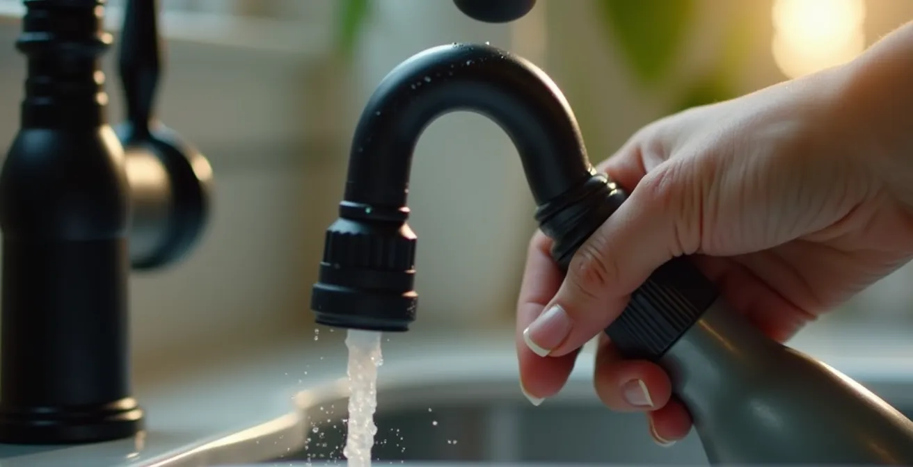 Vue rapprochée d’une main appliquant délicatement un détartrant sur un robinet noir mat en cuisine