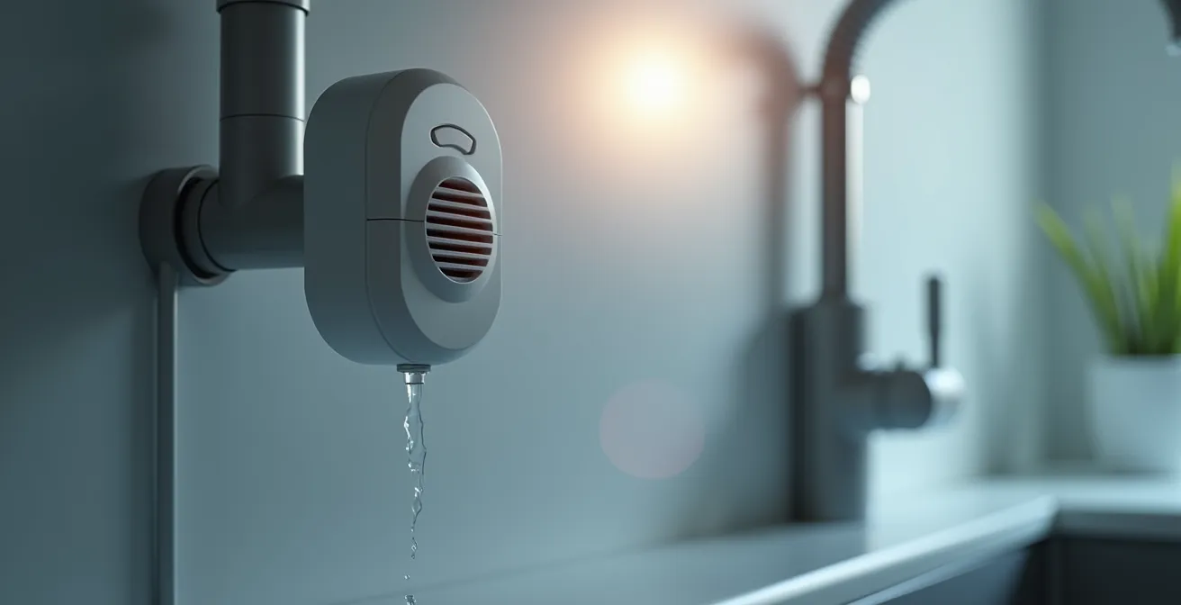 Illustration réaliste d’un détecteur de fuite d’eau connecté installé sous un évier dans une maison québécoise