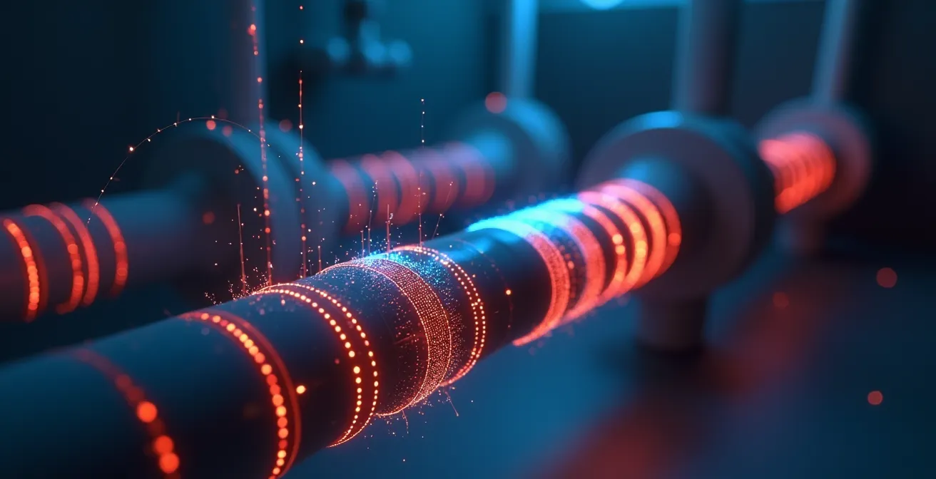 Schéma artistique montrant une canalisation avec capteurs acoustiques détectant des vibrations et alertant un système connecté