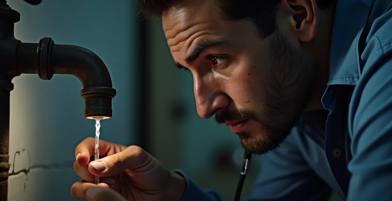Un plombier écoutant attentivement un robinet qui goutte avec un stéthoscope professionnel