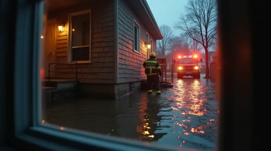 Illustration montrant une maison partiellement inondée avec un panneau électrique éteint et des outils de sécurité comme des gilets fluorescents et des extincteurs à proximité.