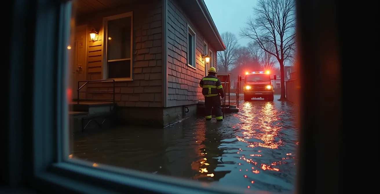 Illustration montrant une maison partiellement inondée avec un panneau électrique éteint et des outils de sécurité comme des gilets fluorescents et des extincteurs à proximité.
