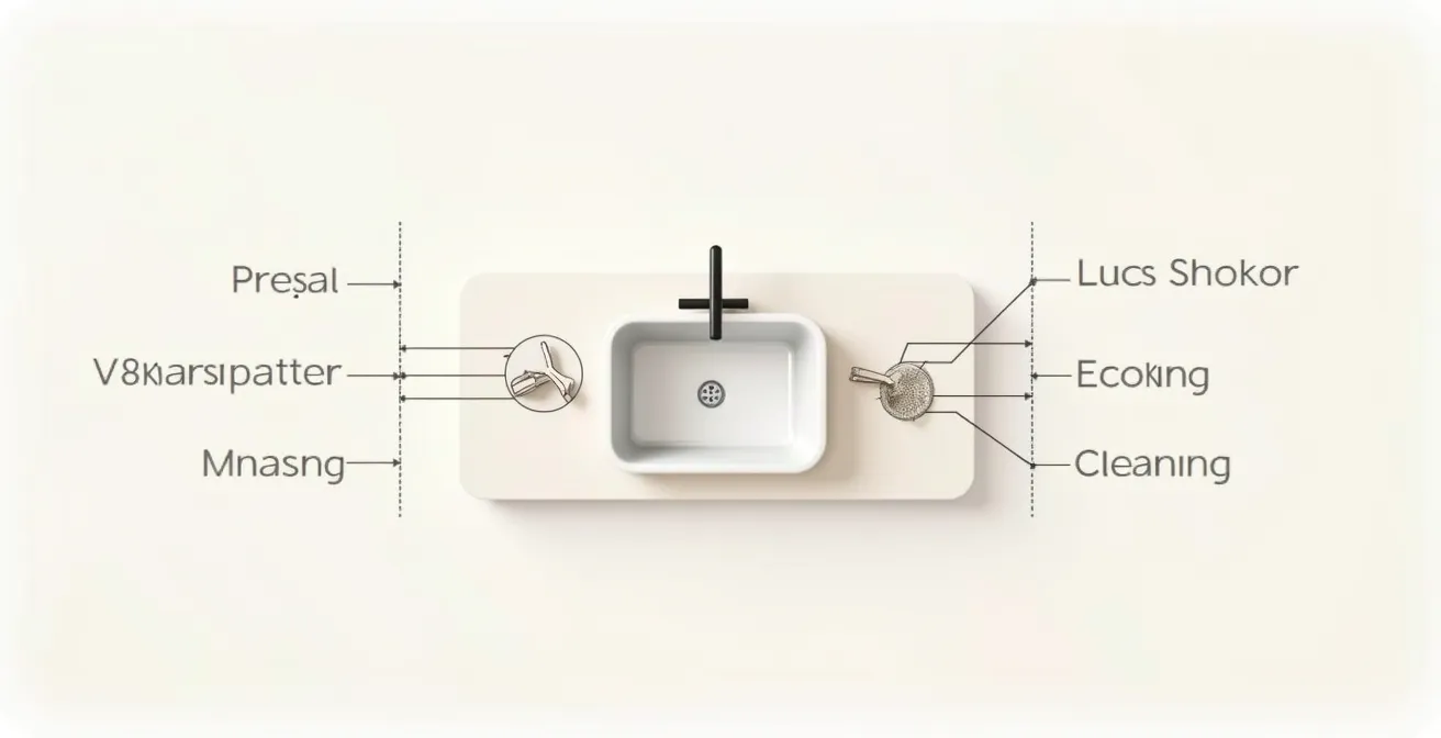 Schéma ergonomique montrant la disposition du triangle d'activité avec zones de préparation, cuisson et nettoyage autour de l'évier