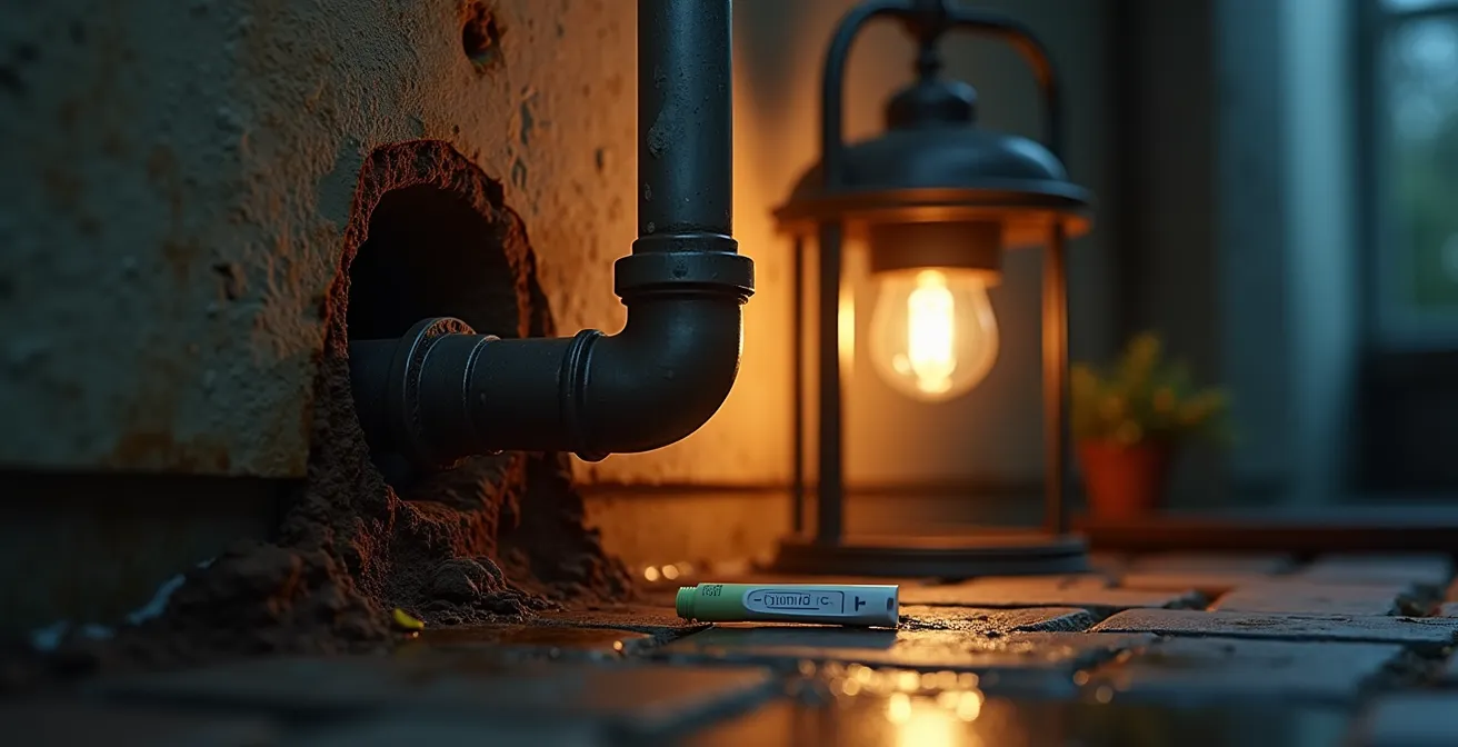Image symbolique d'une conduite en plomb visible dans une maison avec un test d'eau effectué à côté