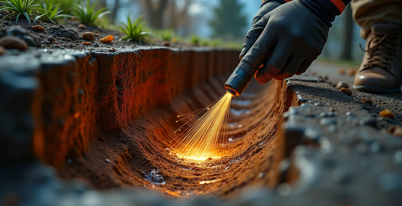 Illustration détaillée de l'entretien du drain français avec inspection caméra et nettoyage hydrojet en milieu résidentiel au Québec