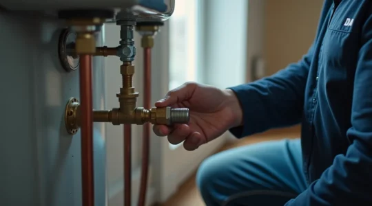 Technicien en plomberie effectuant la purge d'un chauffe-eau dans une maison au Québec