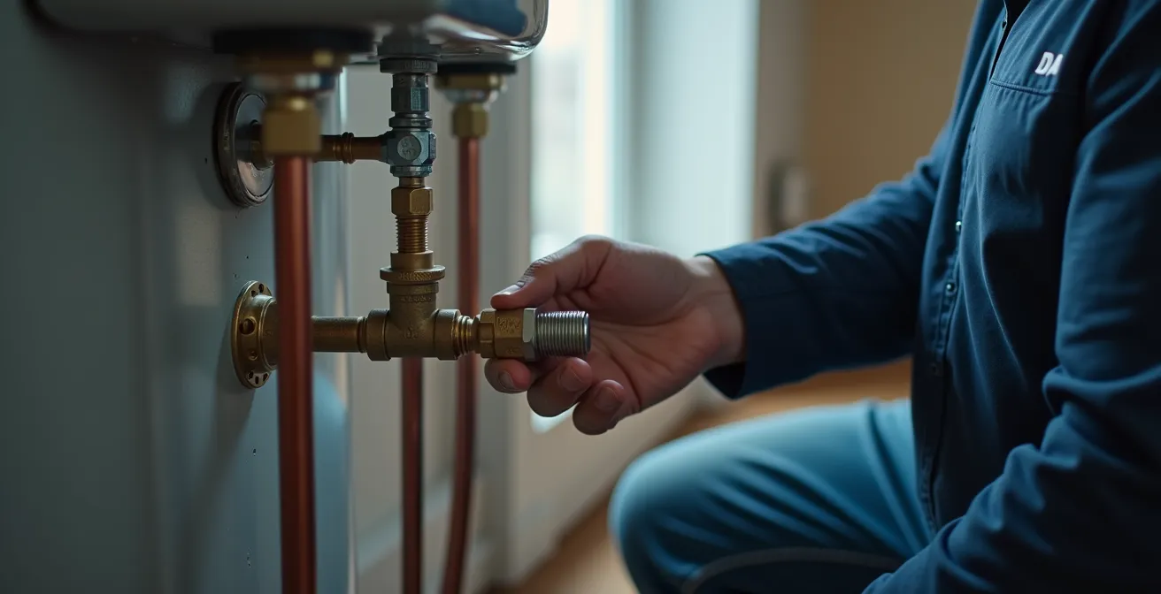 Technicien en plomberie effectuant la purge d'un chauffe-eau dans une maison au Québec