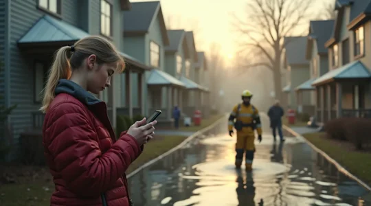 Maison québécoise partiellement inondée avec des secours et habitants en action pour contrôler la situation
