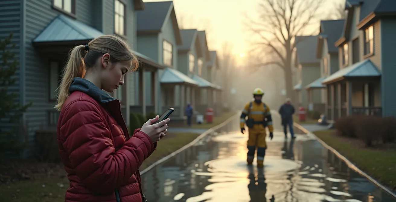 Maison québécoise partiellement inondée avec des secours et habitants en action pour contrôler la situation