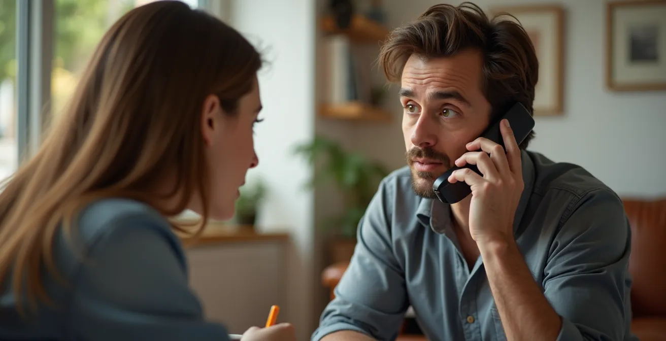 Un client posant des questions détaillées à un plombier lors d'un appel téléphonique pour une intervention urgente