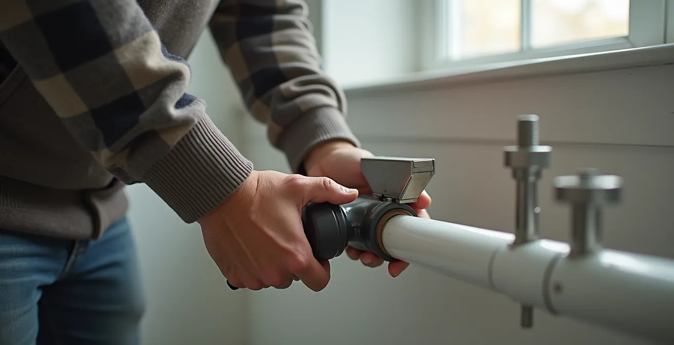 Photo montrant une personne isolant un tuyau avec une boîte à onglets, un manchon en mousse et du ruban adhésif spécialisé