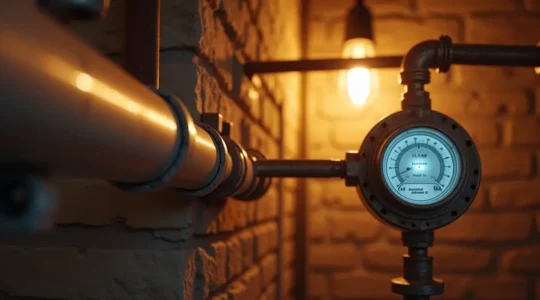 Vue symbolique de tuyaux d'eau chaude isolés dans un sous-sol avec un compteur d'énergie montrant des économies