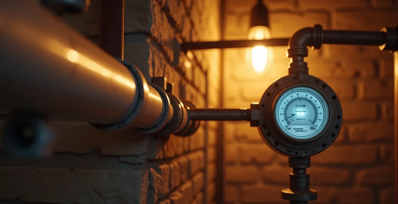 Vue symbolique de tuyaux d'eau chaude isolés dans un sous-sol avec un compteur d'énergie montrant des économies