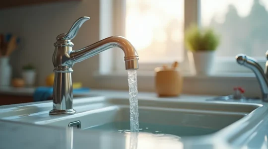 Vue réaliste d'un siphon de plomberie sous un évier dans une cuisine québécoise, montrant les tuyaux, l'eau claire dans le siphon, et des outils de plomberie à proximité