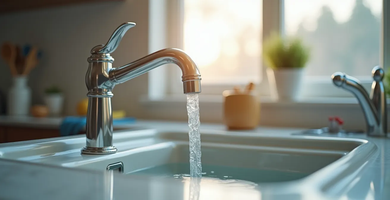 Vue réaliste d'un siphon de plomberie sous un évier dans une cuisine québécoise, montrant les tuyaux, l'eau claire dans le siphon, et des outils de plomberie à proximité