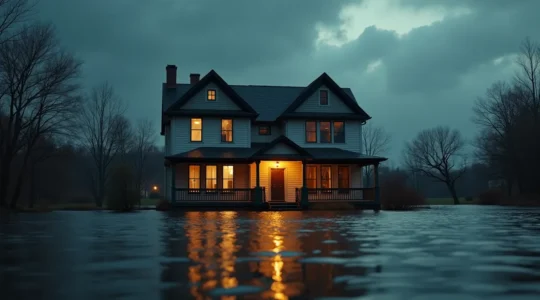 Maison québécoise entourée d'eau en crue illustrant la protection contre les dégâts d'eau