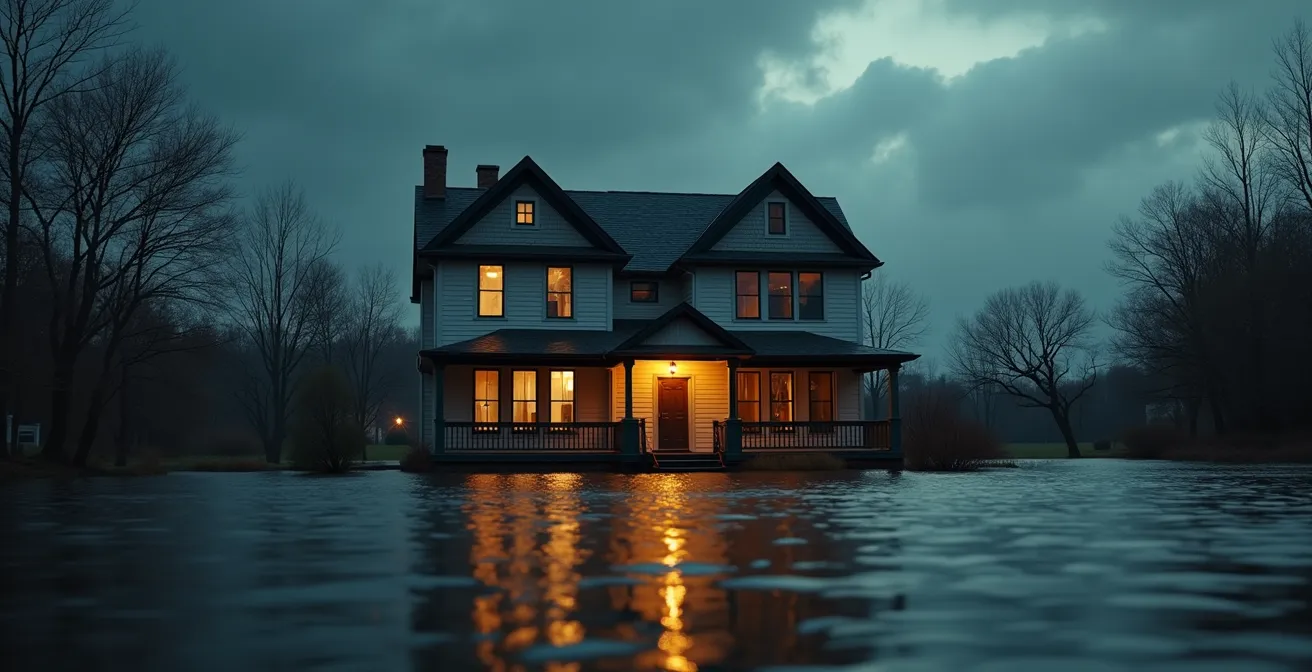 Maison québécoise entourée d'eau en crue illustrant la protection contre les dégâts d'eau