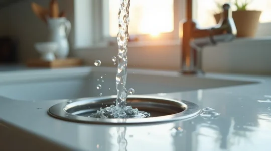 Vue rapprochée d'un drain domestique propre dans une maison québécoise moderne, avec lumière douce et ambiance de propreté
