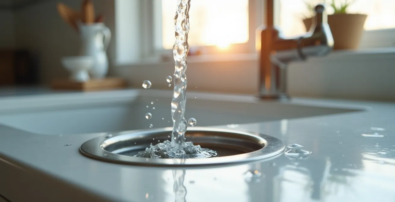 Vue rapprochée d'un drain domestique propre dans une maison québécoise moderne, avec lumière douce et ambiance de propreté