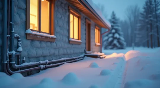 Vue symbolique d'une maison québécoise protégée contre le gel, avec tuyaux et éléments de plomberie enrobés d'isolants et câbles chauffants, sous un fond hivernal enneigé.