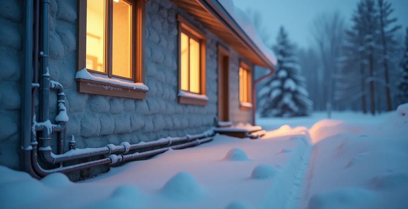Vue symbolique d'une maison québécoise protégée contre le gel, avec tuyaux et éléments de plomberie enrobés d'isolants et câbles chauffants, sous un fond hivernal enneigé.
