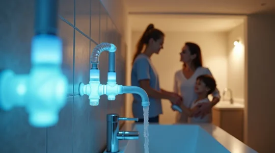 Illustration montrant une maison connectée avec une plomberie intelligente apaisant la vie quotidienne des habitants