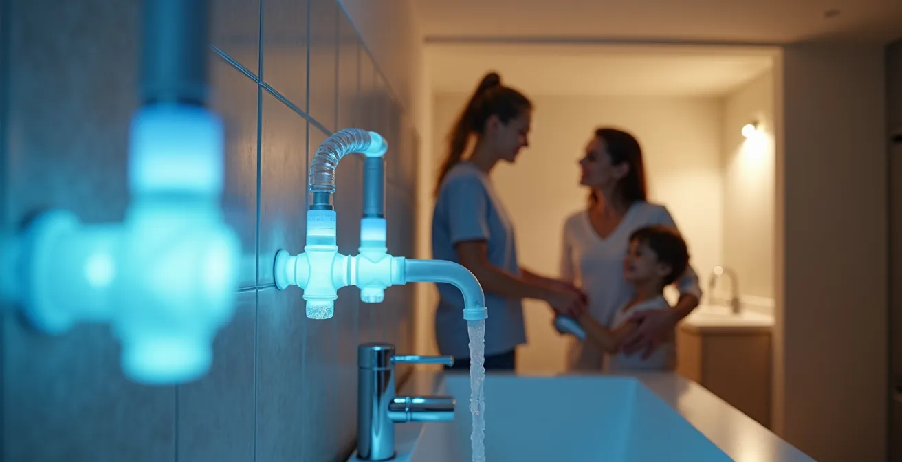 Illustration montrant une maison connectée avec une plomberie intelligente apaisant la vie quotidienne des habitants