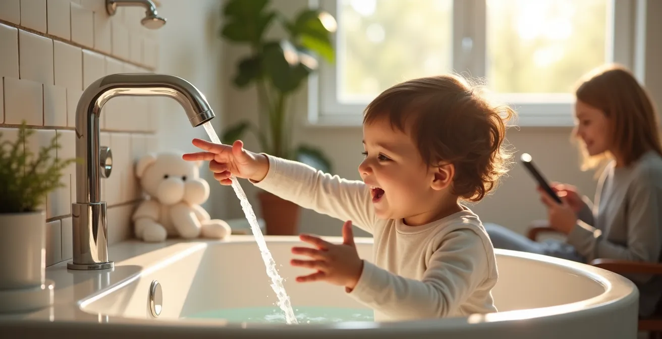 Image montrant un enfant utilisant un robinet à commande gestuelle avec des capteurs d'humidité autour de la baignoire