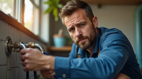 Un plombier professionnel soigne la tuyauterie d'une maison, symbolisant son rôle de médecin de famille pour la plomberie domestique