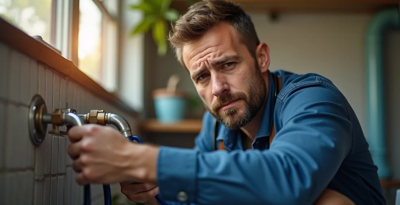Un plombier professionnel soigne la tuyauterie d'une maison, symbolisant son rôle de médecin de famille pour la plomberie domestique