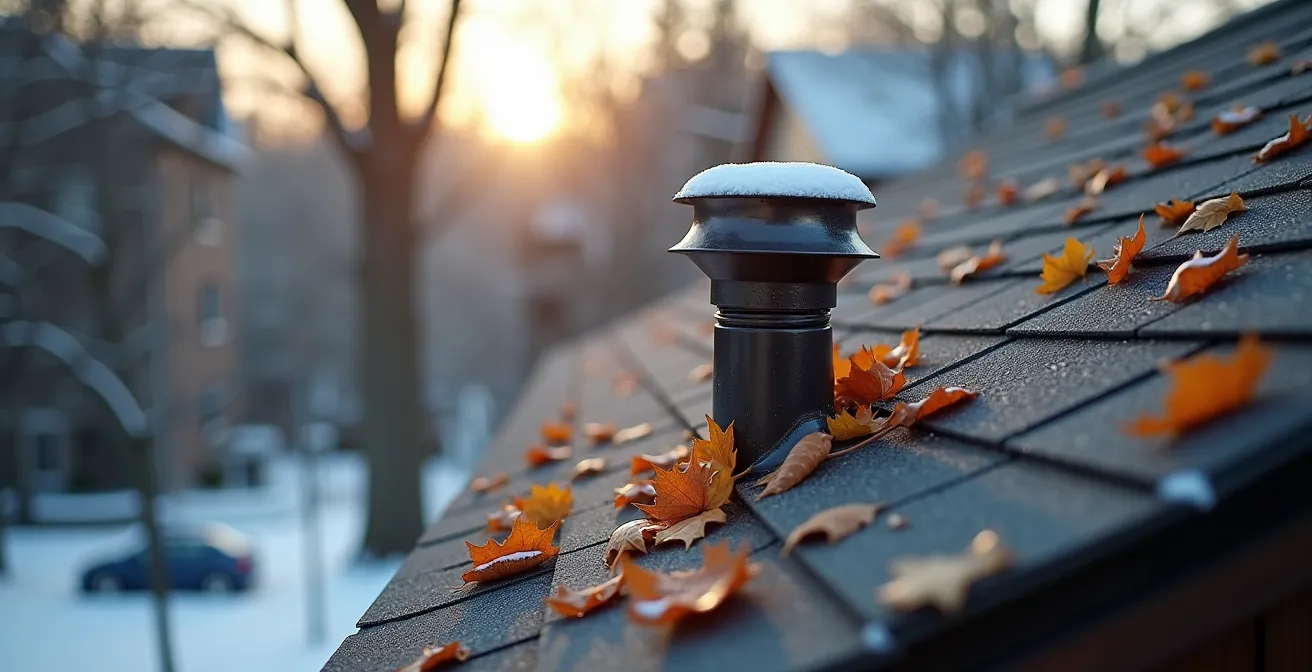 Vue en contre-plongée d’un toit résidentiel avec un évent de plomberie entouré de feuilles et de neige, illustrant l'origine des bruits de glouglou dans les siphons