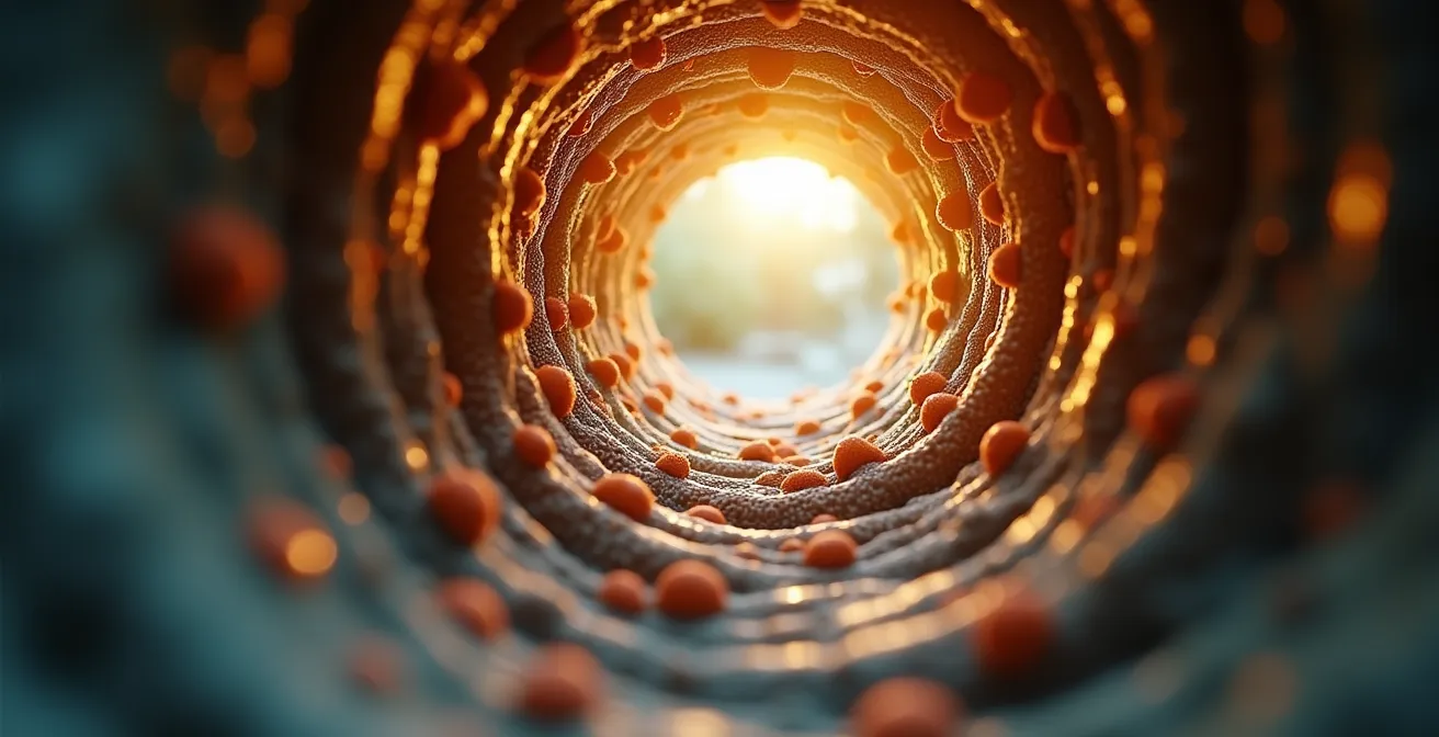 Image conceptuelle de bactéries bénéfiques et enzymes en action dans un drain domestique