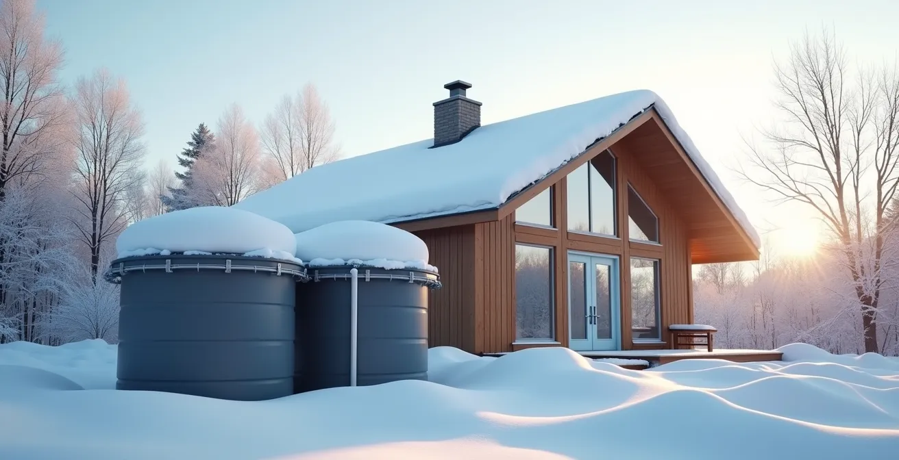 Photographie d'un système de récupération d'eau de pluie intégré à une maison québécoise en hiver avec neige et équipement adapté