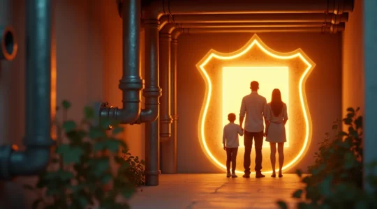 Illustration symbolique mettant en scène une maison avec un système de tuyauterie visible et des éléments protecteurs autour d'une famille