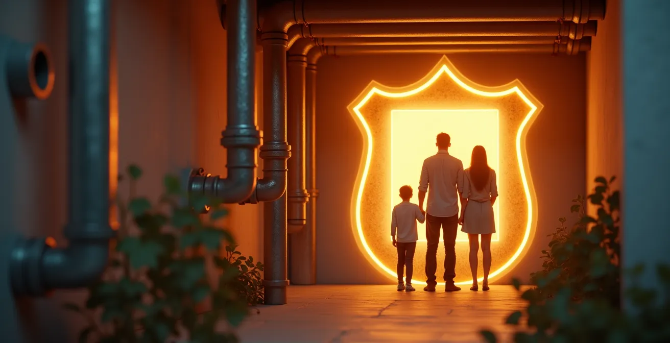 Illustration symbolique mettant en scène une maison avec un système de tuyauterie visible et des éléments protecteurs autour d'une famille