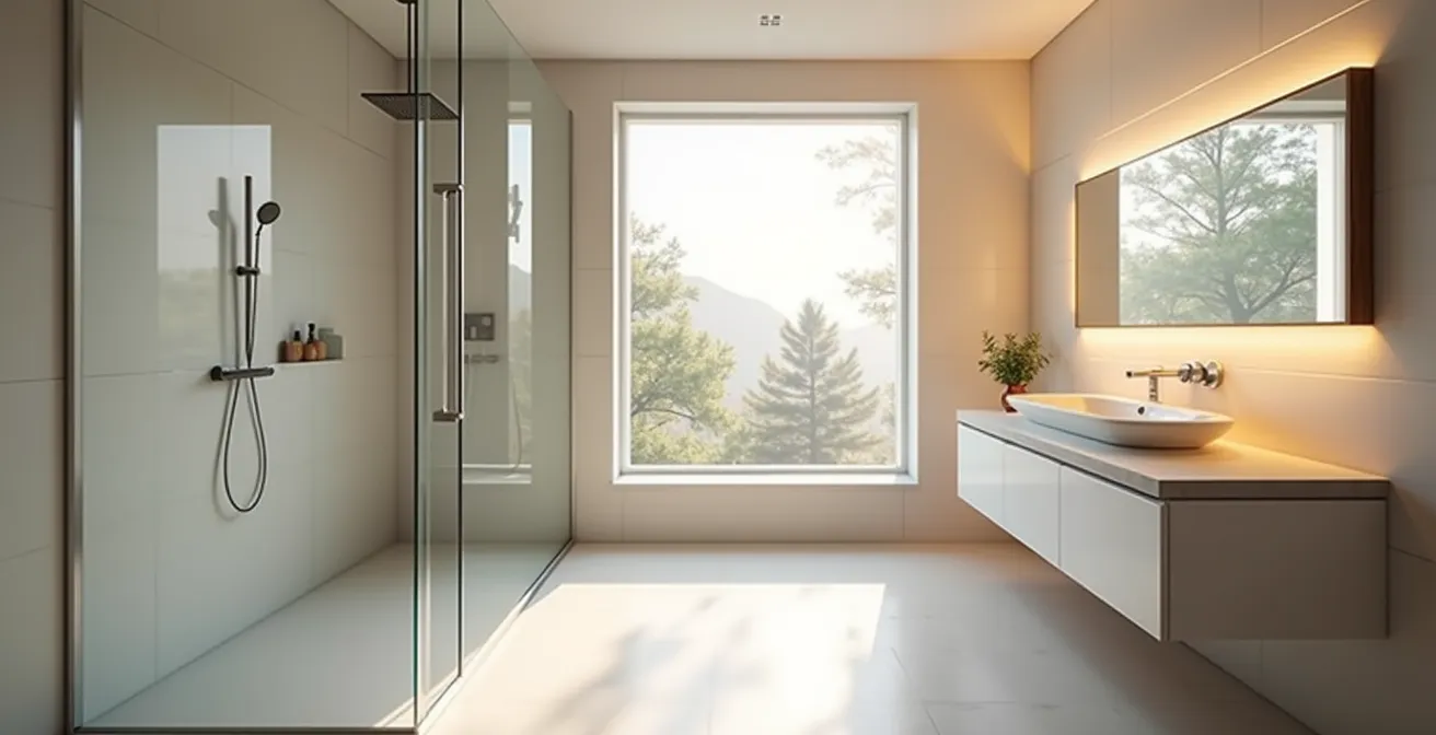 Salle de bain moderne rénovée avec design minimaliste et éléments technologiques intégrés, évoquant confort et bien-être