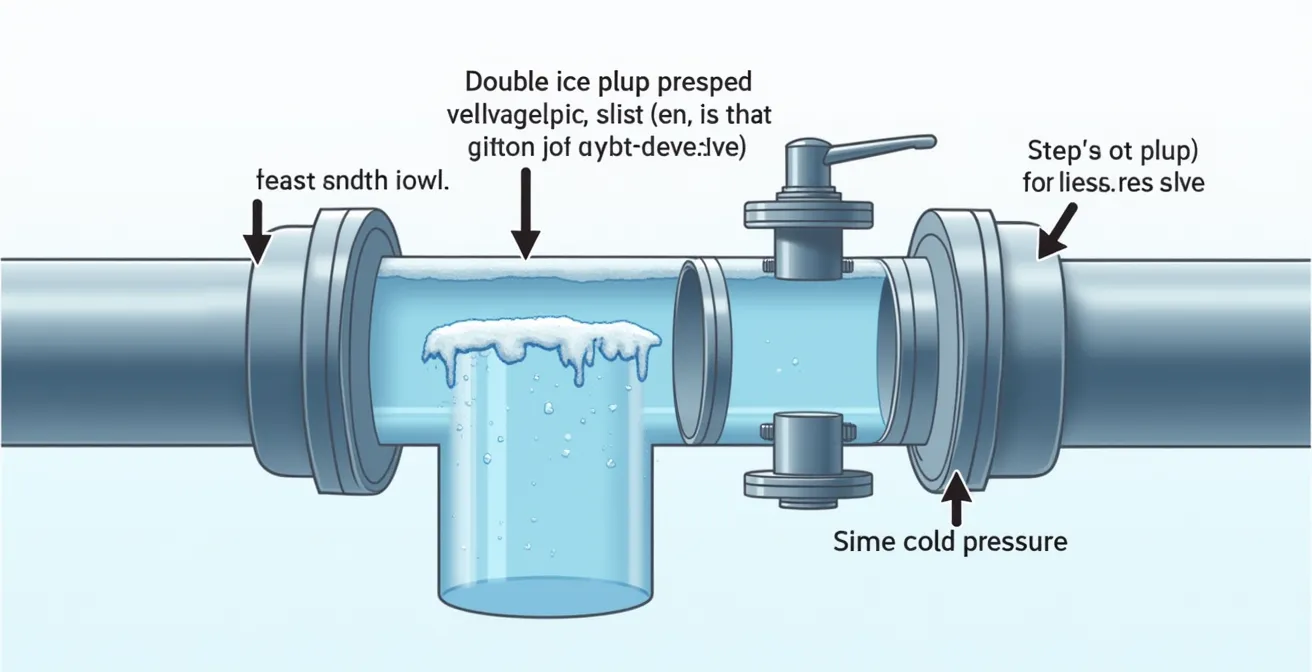 Illustration schématique montrant le principe du bouchon de glace et le double bouchon créant une chambre de pression dans un tuyau gelé.