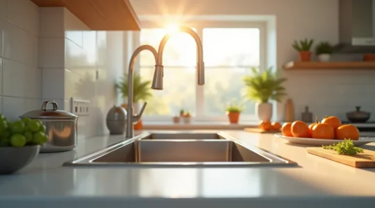 Cuisine moderne et fonctionnelle avec un évier central sous le comptoir, intégrant des accessoires de plomberie visibles et un espace de rangement organisé