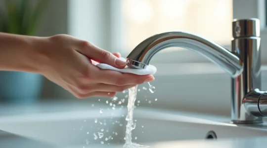 Une main qui nettoie délicatement un robinet moderne avec un jet d'eau clair, symbolisant la performance et la qualité en plomberie au Québec