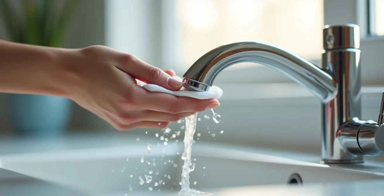Une main qui nettoie délicatement un robinet moderne avec un jet d'eau clair, symbolisant la performance et la qualité en plomberie au Québec