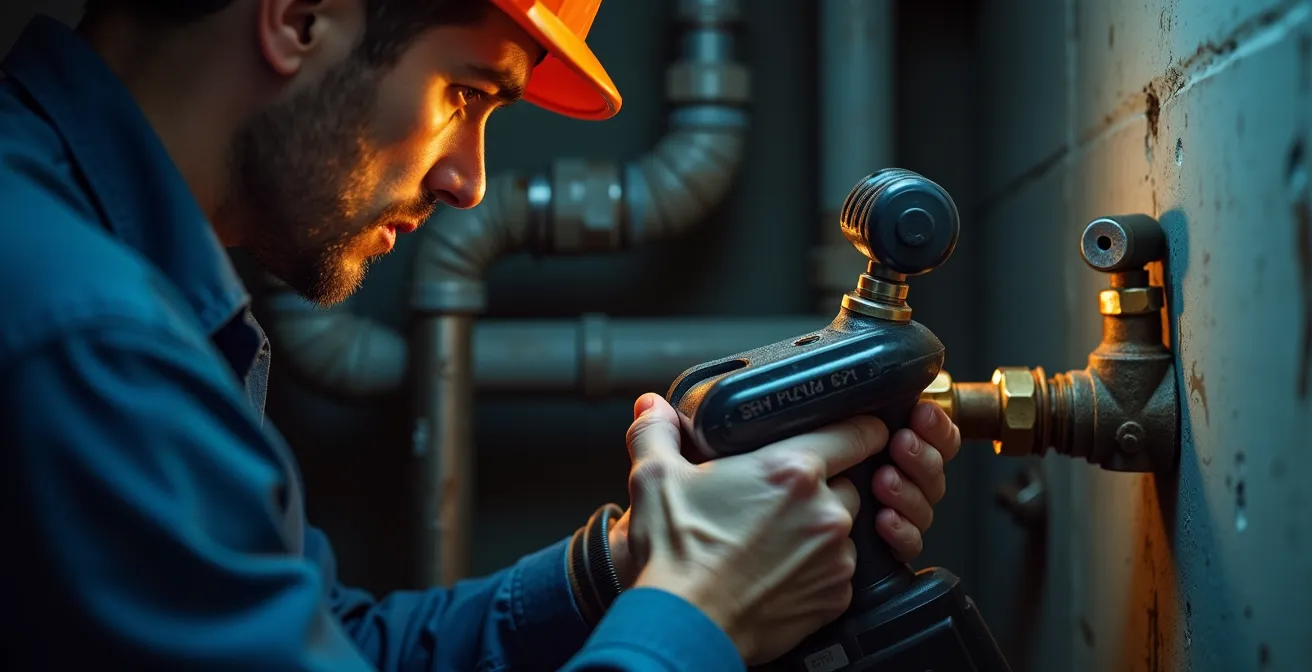 Un plombier spécialiste utilisant une caméra thermique et un détecteur acoustique pour localiser une fuite sans casser les murs