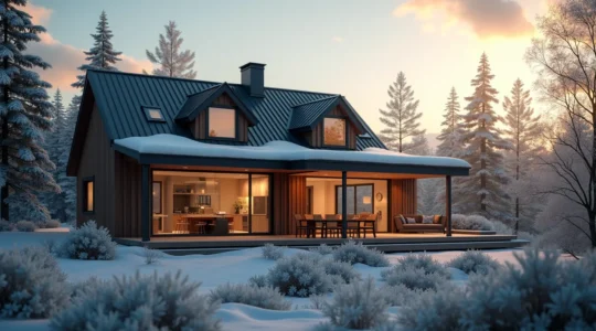 Vue d'une maison moderne au Québec avec un système de plomberie autonome intégrant récupération d'eau de pluie et technologies écologiques