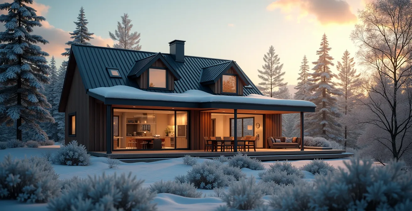 Vue d'une maison moderne au Québec avec un système de plomberie autonome intégrant récupération d'eau de pluie et technologies écologiques